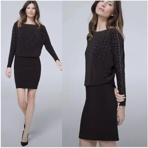 WHBM Black Long Sleeve Knit Blouson Studded Trim Dress Size XS